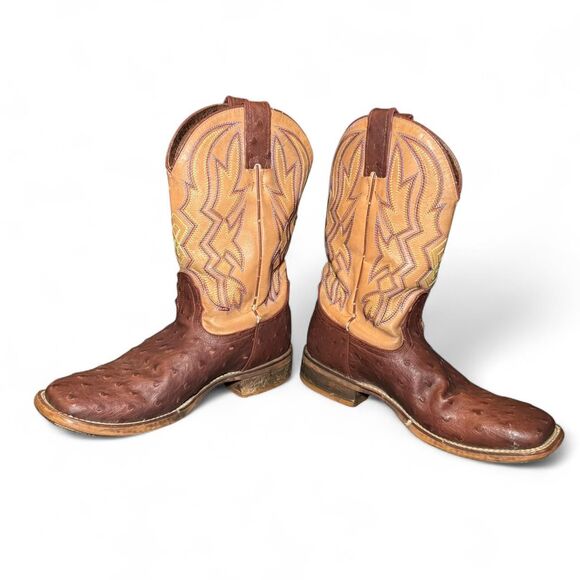 Nocona Men’s Size 8D Brown Leather Western Cowboy Boots Ostrich Print Square Toe - Picture 3 of 8